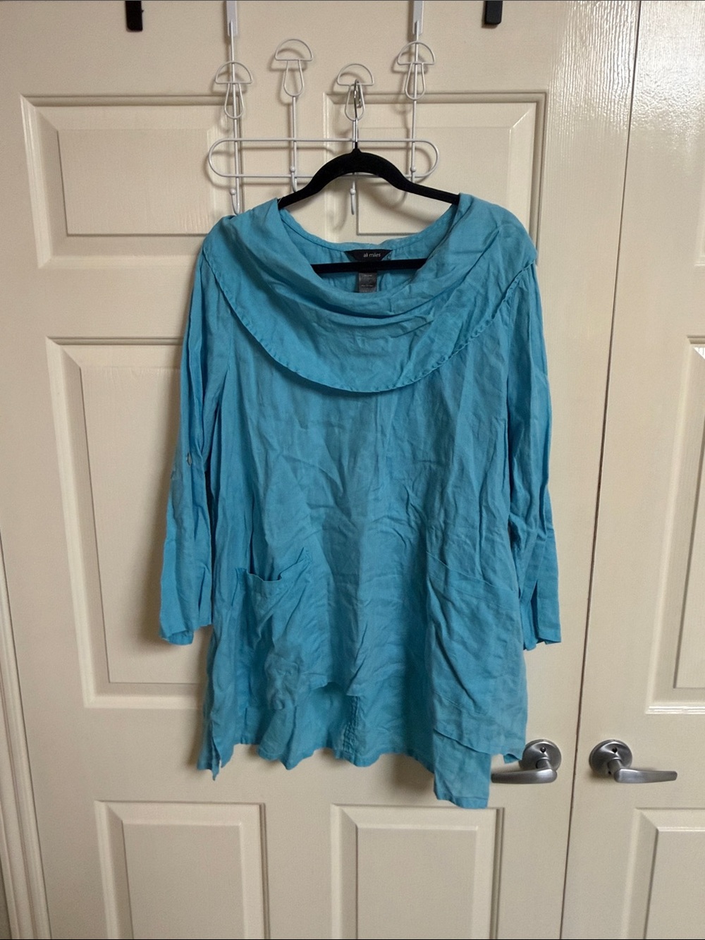 Ali Miles 100% linen Light Blue Draped Collar high low Tunic Top